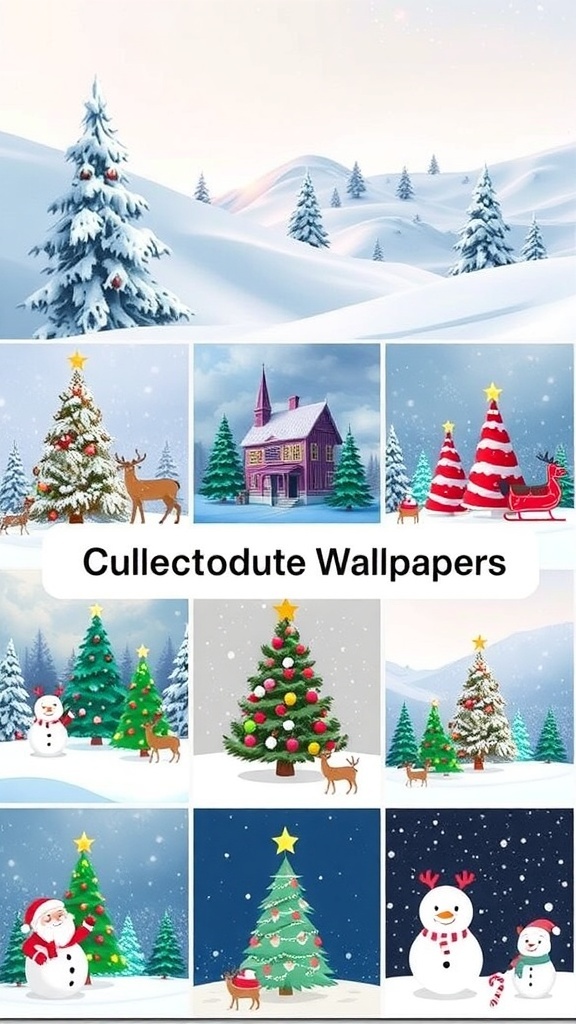 Cute Christmas wallpapers for Mac showcasing festive designs including snowflakes, Christmas trees, and Santa Claus.